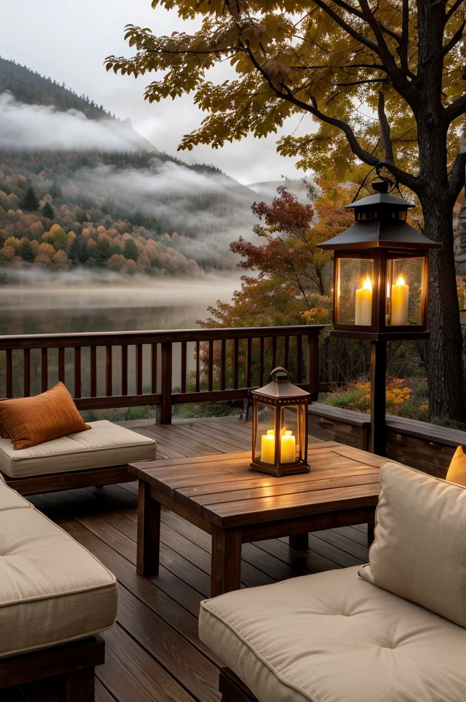 "A cozy outdoor seating area on a wooden deck overlooking a misty forest in autumn. The seating area features a rustic wooden bench with beige cushions and a warm, textured throw blanket. A wooden coffee table in front of the bench holds a teapot, a mug, and several lit candles, creating a warm and inviting atmosphere. A large lantern with a lit candle inside sits beside the bench, adding to the cozy ambiance. The background features fog-covered mountains and trees with fall foliage in shades of orange and yellow. The overall mood is serene, warm, and perfect for a tranquil autumn morning or evening."