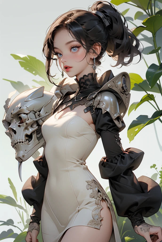  (((masterpiece, of the highest quality, super detailed))), (digital art), (a witch belonging to an occult order of knights), (a knight crossed with a witch), Victorian era inspired, ((minimal but intricate beautiful armour)), (Fluttering lace flared dress with frilly petticoats), ((Bloodbourne inspired)), ((nier automata inspired)), (big forhead:1.2), (((dark hair, long ponytail, thick ponytail, heavy ponytail))), (((Very sharp focused eyes))), ((small breasts)), very long eyelashes, occult aesthetic, (red and white clothing detailed and intricate steampunk and detailed gothic), (with a hood), complex lace boots, 