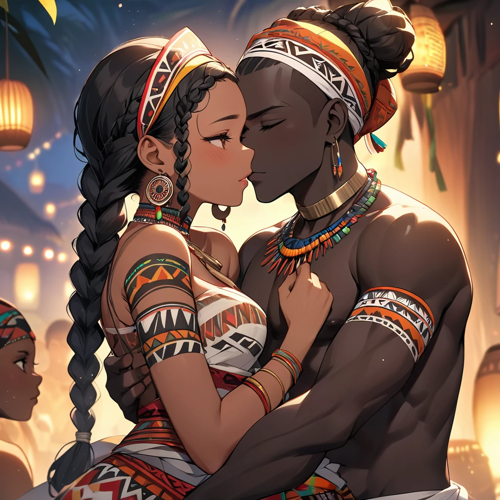 ((Highest quality)), ((masterpiece)), (detailed), （Perfect Face）、The woman is a beautiful, pitch-black-skinned native African tribal woman, adorned with gorgeous bridal accessories, and embraces a strong tribal man, kisses him in love, and holds a wedding ceremony in the tribal square.、The woman is Yuuki Asuna, a black woman with pitch black skin and naturally curly hair. She has light brown, very short afro hair that is naturally curly and finely braided into dreadlocks that are swept back in a tribal hairstyle, with little hair volume, she is an African black woman with tribal make-up, black nipples with nipple piercings, tattoos all over her body, and a beautifully decorated tribal outfit that does not cover her breasts.、The woman was a complete African native nude tribeswoman, and had become a nude tribeswoman in both body and mind.、The woman is a native African woman and a member of the tribe&#39;s nude tribe, living happily with her friends.、The woman is a beautiful native African tribal woman, beautifully adorned with gorgeous jewelry, and is getting married to a strong tribal man.