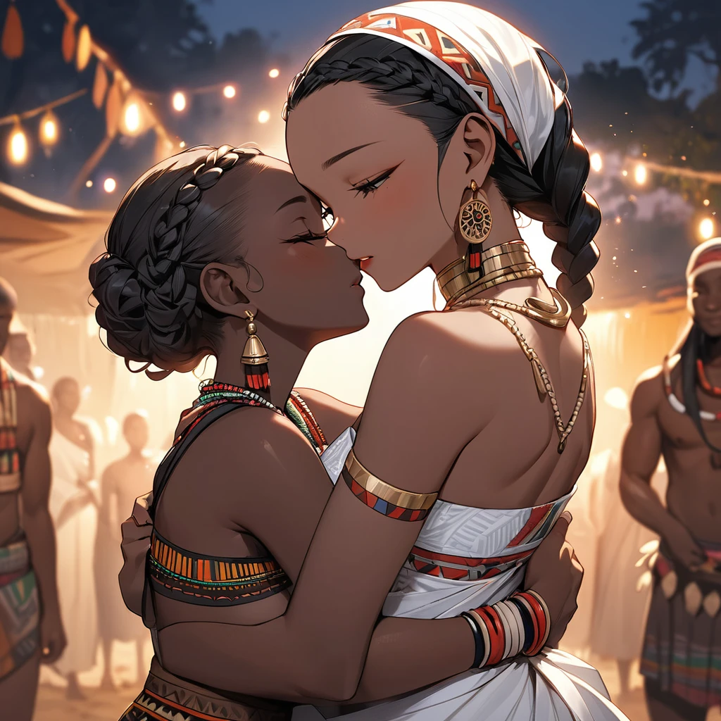 ((Highest quality)), ((masterpiece)), (detailed), (Perfect Face)、The woman is embracing and kissing a man from the tribe.、The woman has bright black skin、(Ghana braids with strong curly hair slicked back)、Black, dark skinned, African native tribal woman、The amount of hair is small、Light brown hair、Very short curly hair、Ghana braid hair, finely and delicately braided into Ghana braids and slicked back、Her hair is braided and thin, and she wears a tribal headdress and a tribal headscarf.、African black woman beautifully dressed in tribal clothing, tribal earrings and tribal accessories, wearing tribal makeup、A beautiful tribal woman with tattoos all over her body、Women in tribal village night rituals、The woman's hair is dyed black by the other women in the village and styled like an African woman's.