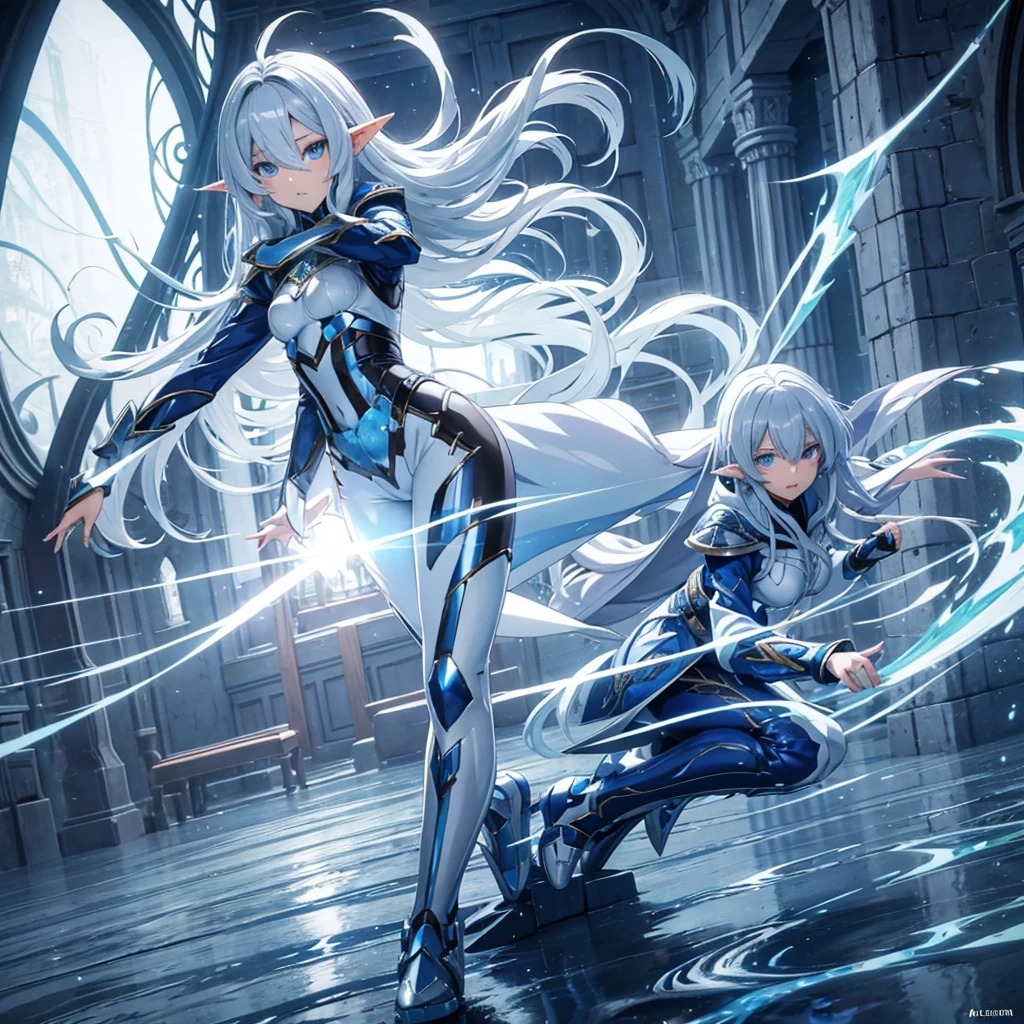 Professor Elowen Mistralight, a 25-year-old elf woman, medium height and delicate elf with silver hair, mysterious and penetrating light blue eyes, He wears a robe with patterns of wind and water, tight light blue fabric pants, long, with navy blue riding boots, the boots reach the knee, a magic wand and castle background, anime style. Individual image of her in full body. He is in action pose. Has one leg raised with the knee bent, His mouth is slightly open as if he had exercised a lot.. He has light skin. She has her hair down and blowing in the wind.. feminine and sexy body.