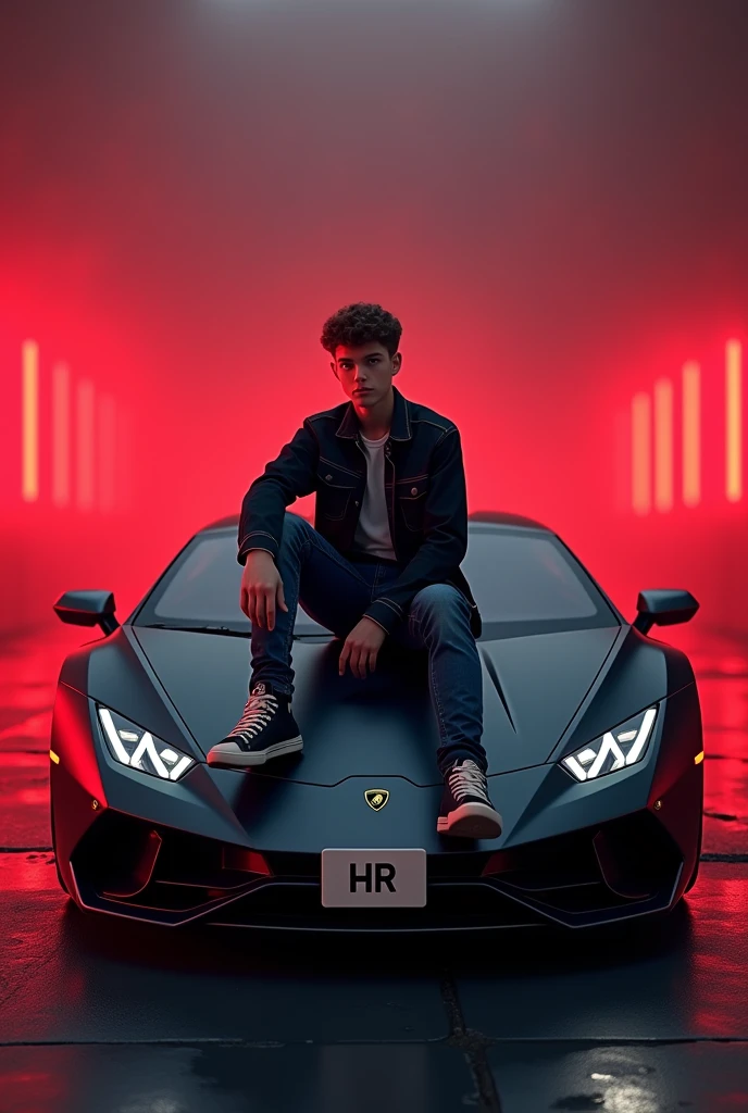 Create realistic image of age boy on sitting a Lamborghini with number plate "HR"colour of car should be grave with red lighting for background create Tik Tok profile in 3D iPhone theme of wallpaper should be dark and realistic.
