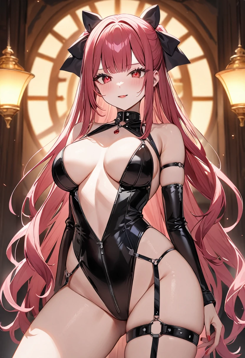 (masterpiece, top quality, very aesthetic, 4k、illustration), intricate detail, 1woman,solo,contrapposto 、Strong glowing eyes、,(upper body)、 sleepy、(、Erotautiful face、(fluorescence pink gradient hair)、multicolored hair,hair ribbon,middle hair,sidelock ,red eyes、SM Queen、dominatrixeasts、Slim 、