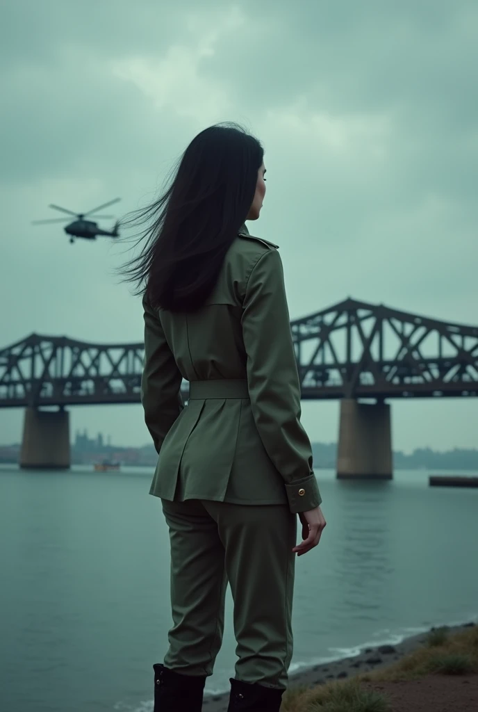 full-body shot片,Film Style,Soviet era,dark,Depression,A 30-year-old woman with long black hair wearing military uniform.,Boots, trousers,high-heel boots,full-body shot,side,War Background,seaside,Soviet style,Iron bridge,Helicopters,Dark clouds sky,Science Fiction, dark的心情, full-body shot片,War atmosphere,Excellent detail