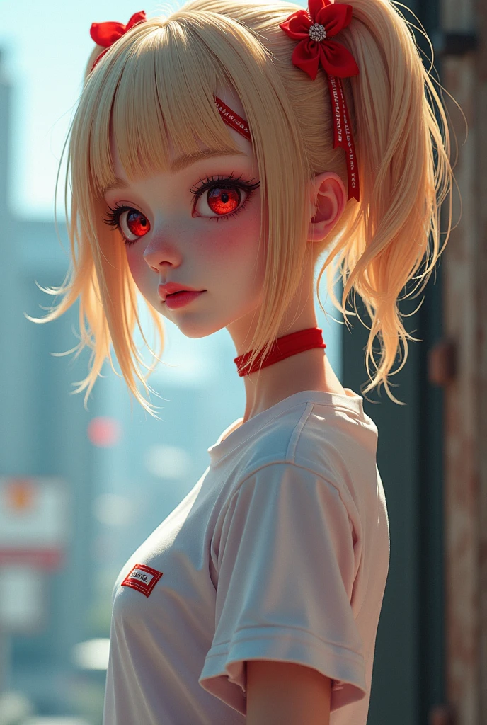 Optimal,masterpiece,High resolution,Highest quality,Hyper HD,Super Detail,Awards,16K,solo,(Upper body),Anatomically correct,Beautiful Cyberpunk Girl,Cowboy Shot、Cute Face,,Blonde、Bobcut、Red ribbon hair ornament、Hairline,((Scarlet Eyes)),Long eyelashes,The corners of the eyes are drooping,White skin,((Shoot in the back)), ((White T-shirt:1.5)), ((See-through nipples))、rocket , (The body is slim),