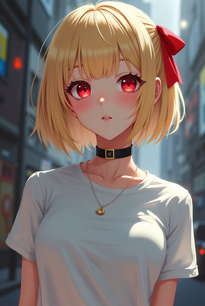 Optimal,masterpiece,High resolution,Highest quality,Hyper HD,Super Detail,Awards,16K,solo,(Upper body),Anatomically correct,Beautiful Cyberpunk Girl,Cowboy Shot、Cute Face,,Blonde、Bobcut、Red ribbon hair ornament、Hairline,((Scarlet Eyes)),Long eyelashes,The corners of the eyes are drooping,White skin,((Shoot in the back)), ((White T-shirt:1.5)), ((See-through nipples))、rocket , (The body is slim),