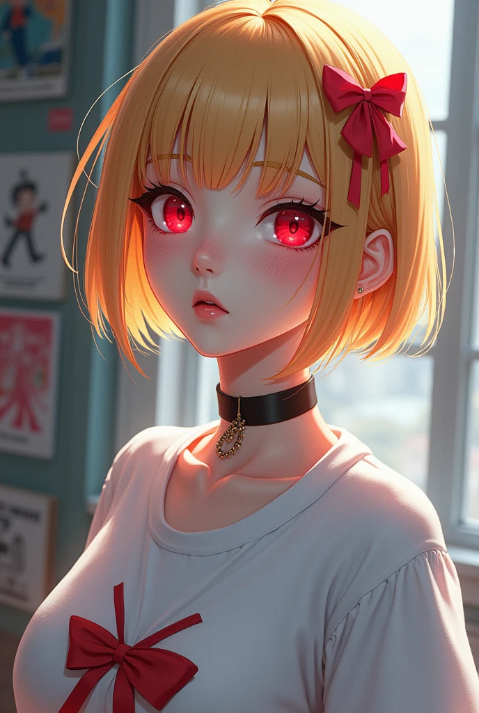 Optimal,masterpiece,High resolution,Highest quality,Hyper HD,Super Detail,Awards,16K,solo,(Upper body),Anatomically correct,Beautiful Cyberpunk Girl,Cowboy Shot、Cute Face,,Blonde、Bobcut、Red ribbon hair ornament、Hairline,((Scarlet Eyes)),Long eyelashes,The corners of the eyes are drooping,White skin,((Shoot in the back)), ((White T-shirt:1.5)), ((See-through nipples))、rocket , (The body is slim),