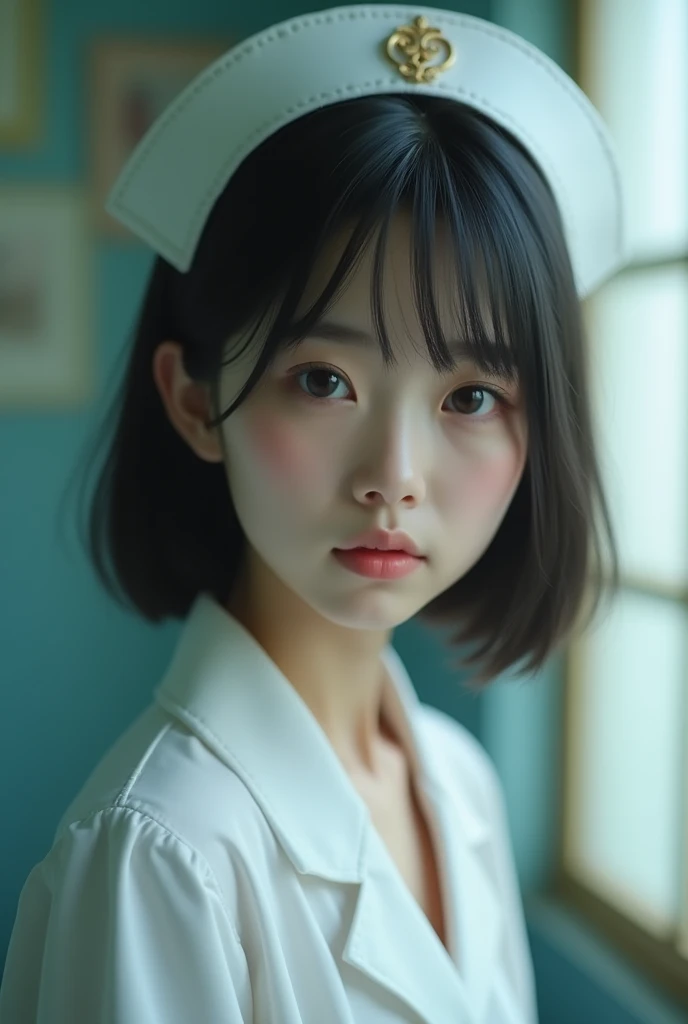 (1 girl)、(Beautiful Japanese、18-year-old,Round face、refresh、clear、Seems kind、stylish、Pathetic、cute like an angel、cute、Iris、,actress,Almond-shaped eyes,Translucent white skin、Beautiful Skin), (((Good style))) , (((Beautiful big boobs:1.2))),(((Soft Breasts))),(very cute),(Black Hair),(Short Bob Hair),(Captivating eyes),(Eye highlights:1.2)、(8k、Live Shooting、Highest quality、masterpiece:1.2、Optimal Lighting)、((masterpiece)),(Photos taken by a professional photographer),(Genuine、photo Genuine:1.4),break,{ (White nurse costume),(((Traditional Nurse Uniform)))},(tears:1.0))(Red cheeks:1.4), break, break,Abandoned old hospital,Face shot:1.3、View your viewers, Face close-up,look up、(Cleavage:1.6)、smile,weak々Funny face,From below,(((Dynamic Angle)))