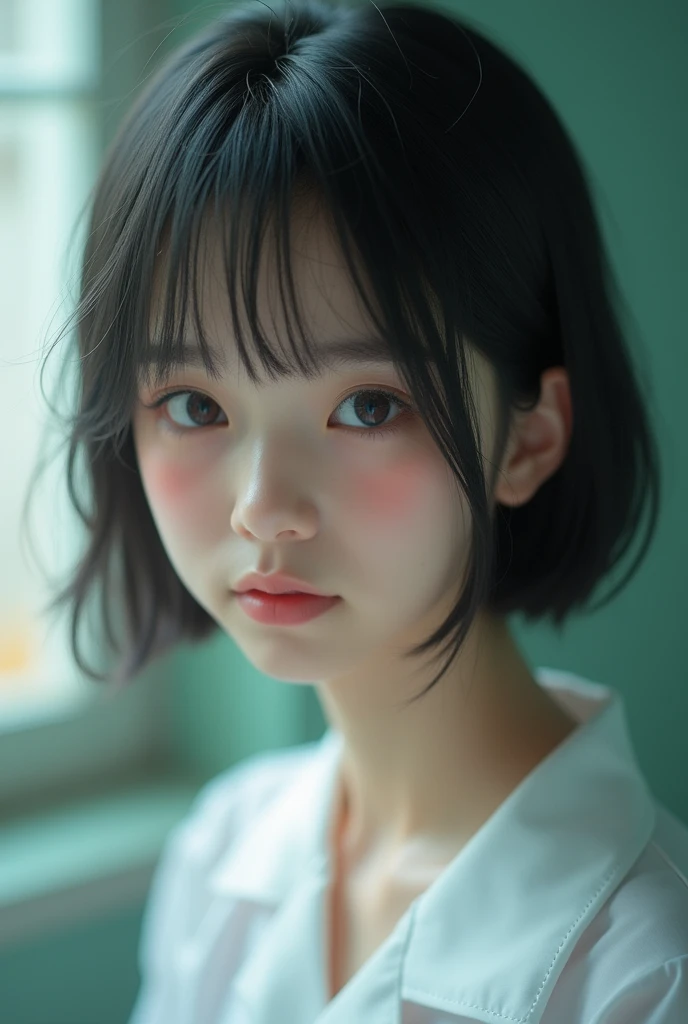 (1 girl)、(Beautiful Japanese、18-year-old,Round face、refresh、clear、Seems kind、stylish、Pathetic、cute like an angel、cute、Iris、,actress,Almond-shaped eyes,Translucent white skin、Beautiful Skin), (((Good style))) , (((Beautiful big boobs:1.2))),(((Soft Breasts))),(very cute),(Black Hair),(Short Bob Hair),(Captivating eyes),(Eye highlights:1.2)、(8k、Live Shooting、Highest quality、masterpiece:1.2、Optimal Lighting)、((masterpiece)),(Photos taken by a professional photographer),(Genuine、photo Genuine:1.4),break,{ (White nurse costume),(((Traditional Nurse Uniform)))},(tears:1.0))(Red cheeks:1.4), break, break,Abandoned old hospital,Face shot:1.3、View your viewers, Face close-up,look up、(Cleavage:1.6)、smile,weak々Funny face,From below,(((Dynamic Angle)))