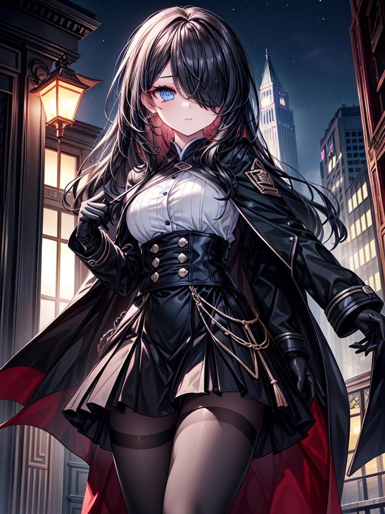 ((Oriental Project)),((masterpiece)),((Fantastic night view)),((A look of determination)),((Highest quality)),((In combat)),((alone)),((Deep blue pupils,Long blue eyelashes)),((Beautiful Blue Eyes)),((Wearing a black coat)),((Wearing a black mini skirt,She is wearing black tights under her skirt)),((Slim body)),((length, Shiny black hair)),,((Her hair is parted, and you can see her eyes through it)),((Wearing black gloves)),((hair over one eye,long hair)),((Ruthless)),