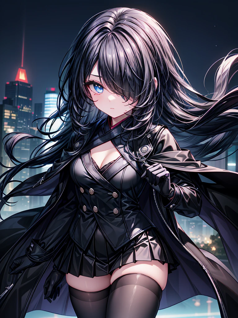 ((Oriental Project)),((masterpiece)),((Fantastic night view)),((A look of determination)),((Highest quality)),((In combat)),((alone)),((Deep blue pupils,Long blue eyelashes)),((Beautiful Blue Eyes)),((Wearing a black coat)),((Wearing a black mini skirt,She is wearing black tights under her skirt)),((Slim body)),((length, Shiny black hair)),,((Her hair is parted, and you can see her eyes through it)),((Wearing black gloves)),((hair over one eye,long hair)),((Ruthless)),