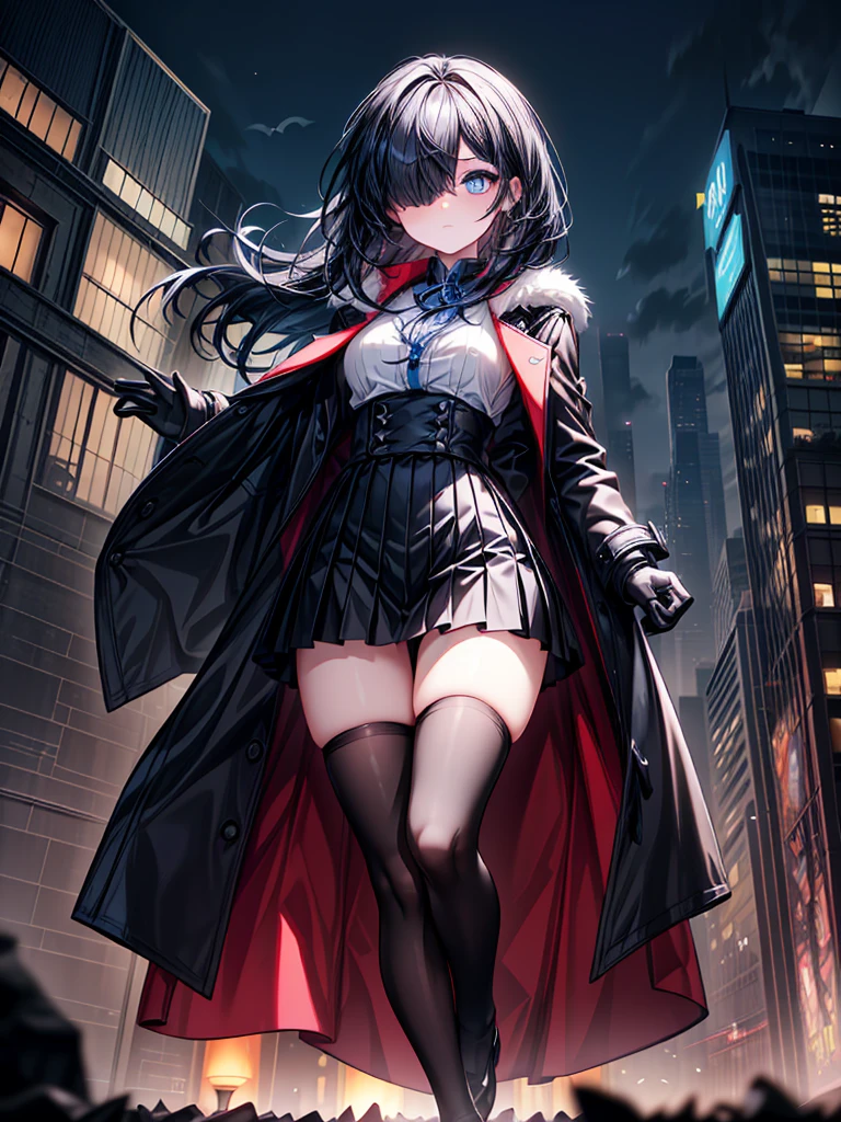 ((Oriental Project)),((masterpiece)),((leaning forward)),((Highest quality)),((Fascinating)),((alone)),((Deep blue pupils)),((Looking up at the night view from the top of the hill)),((Beautiful Blue Eyes)),((Wearing a black coat)),((Black mini skirt)),(((Wearing black tights))),((Slim body)),((length, Shiny black hair)),((Her left eye is completely hidden by her bangs)),((Her hair is parted, and you can see her eyes through it)),((Wearing black gloves)),((hair over one eye,long hair)),((Ruthless)),((Complex background)),((Hair blowing in the wind))