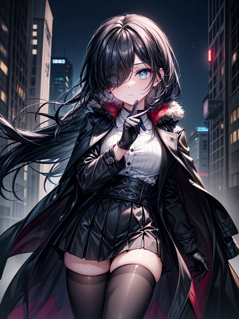 ((Oriental Project)),((masterpiece)),((leaning forward)),((Highest quality)),((Fascinating)),((alone)),((Deep blue pupils)),((Looking up at the night view from the top of the hill)),((Beautiful Blue Eyes)),((Wearing a black coat)),((Black mini skirt)),(((Wearing black tights))),((Slim body)),((length, Shiny black hair)),((Her left eye is completely hidden by her bangs)),((Her hair is parted, and you can see her eyes through it)),((Wearing black gloves)),((hair over one eye,long hair)),((Ruthless)),((Complex background)),((Hair blowing in the wind))