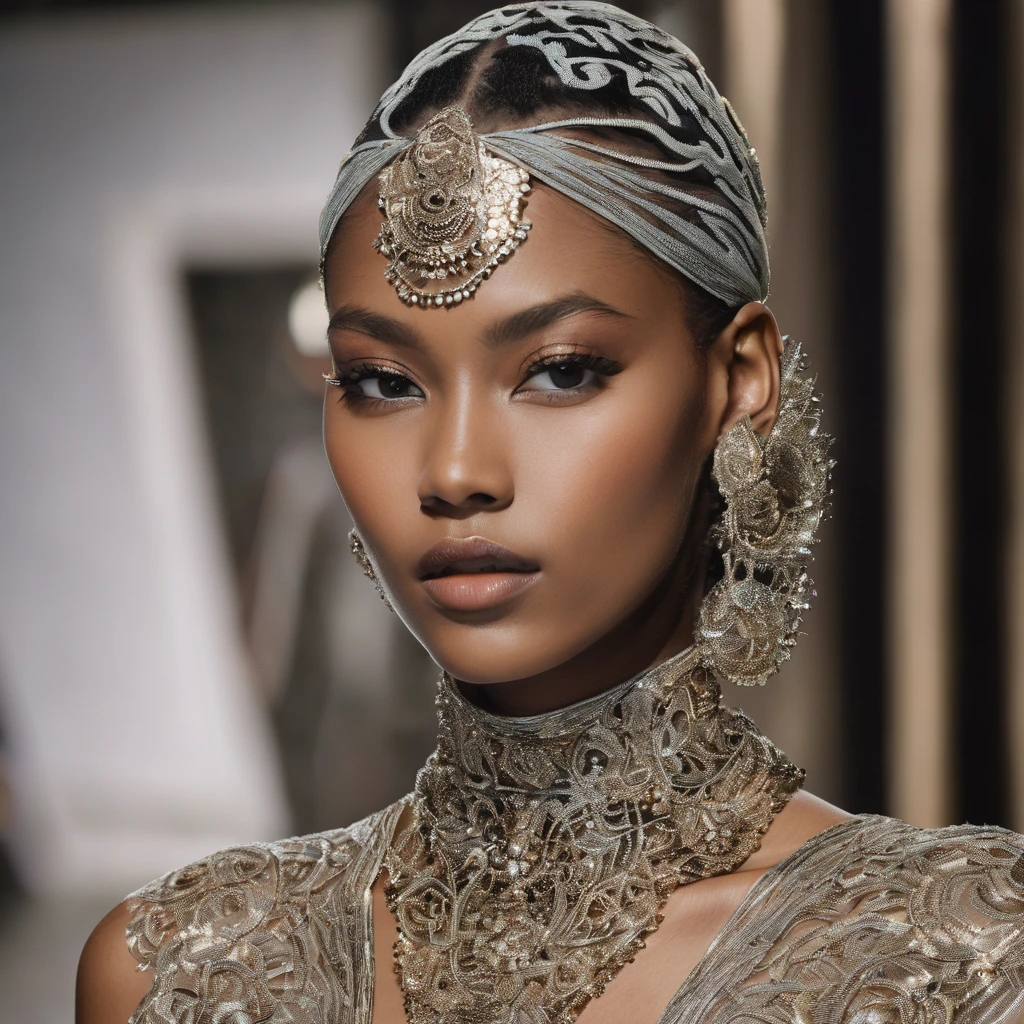 A close-up of a model with her face covered in {element} that wraps gracefully around her head, creating an {impression} effect. The eyes are {eye characteristic}, radiating {emotion}. On the lips is {makeup color and type}, contrasting with {skin color}. Around the face is {hair description}, which {hair movement}. On the neck is {necklace description}, creating a {feeling} sensation. In the background appears {description of object in background}