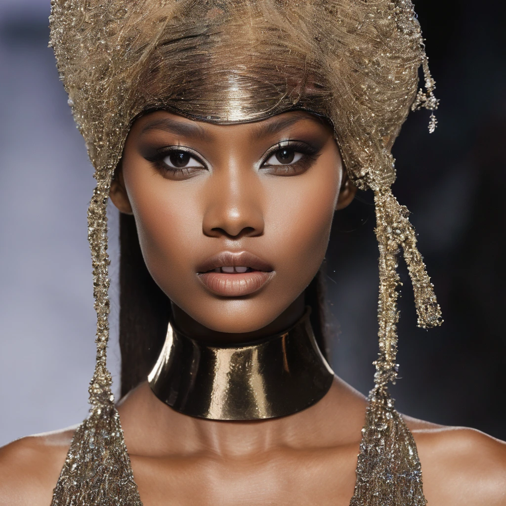 A close-up of a model with her face covered in {element} that wraps gracefully around her head, creating an {impression} effect. The eyes are {eye characteristic}, radiating {emotion}. On the lips is {makeup color and type}, contrasting with {skin color}. Around the face is {hair description}, which {hair movement}. On the neck is {necklace description}, creating a {feeling} sensation. In the background appears {description of object in background}