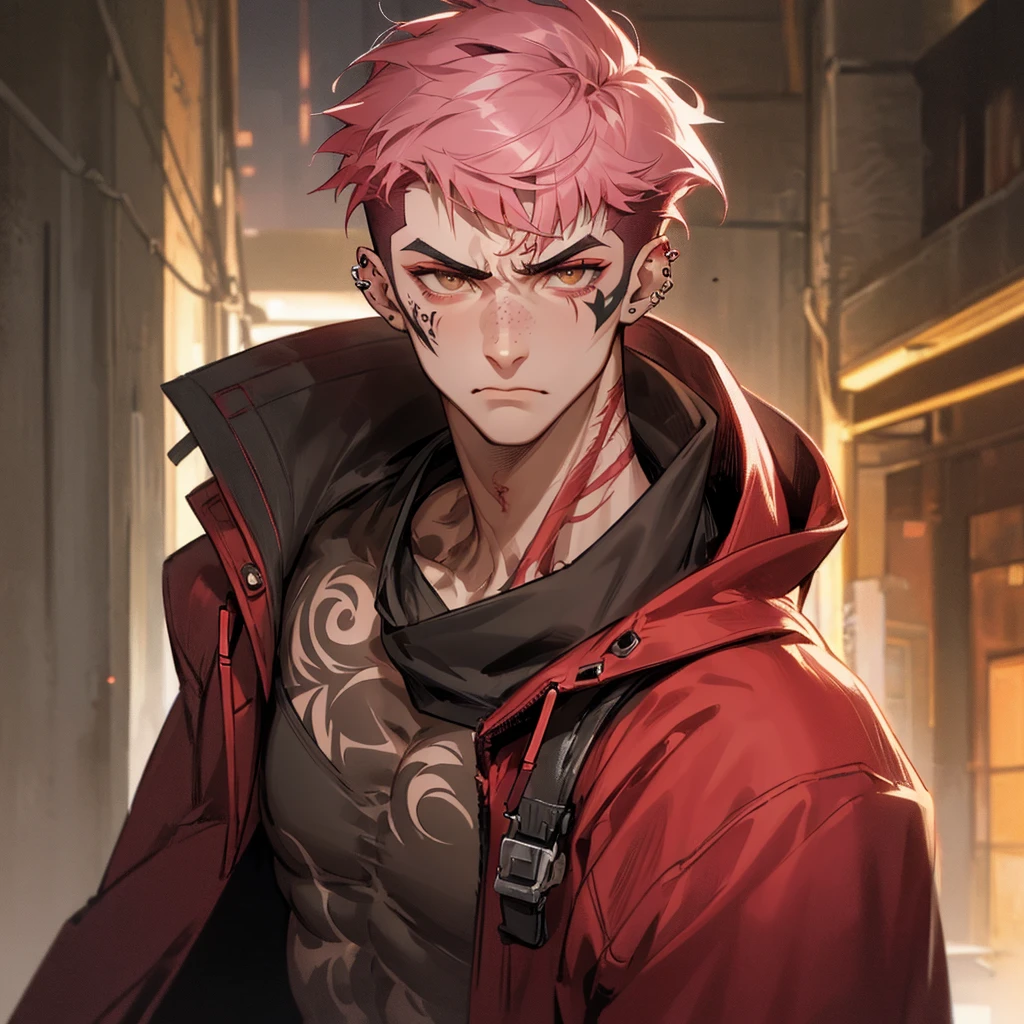 arcane style, (1 man), handsome, cropped hooded jacket, dark red jacket with black details, tattoo on arm, asymmetrical bangs, band-aid, short hair (shaved on one side), bangs freckles, light brown eyes, muscular man, looking at viewer, tattoo on neck, piercing in nose, pink hair, scar, scar on face, solo, tattoo on face, detailed background, city, alley, dark alley, night, angry, close-up, mouth closed, , ((masterpiece)), masculine face,