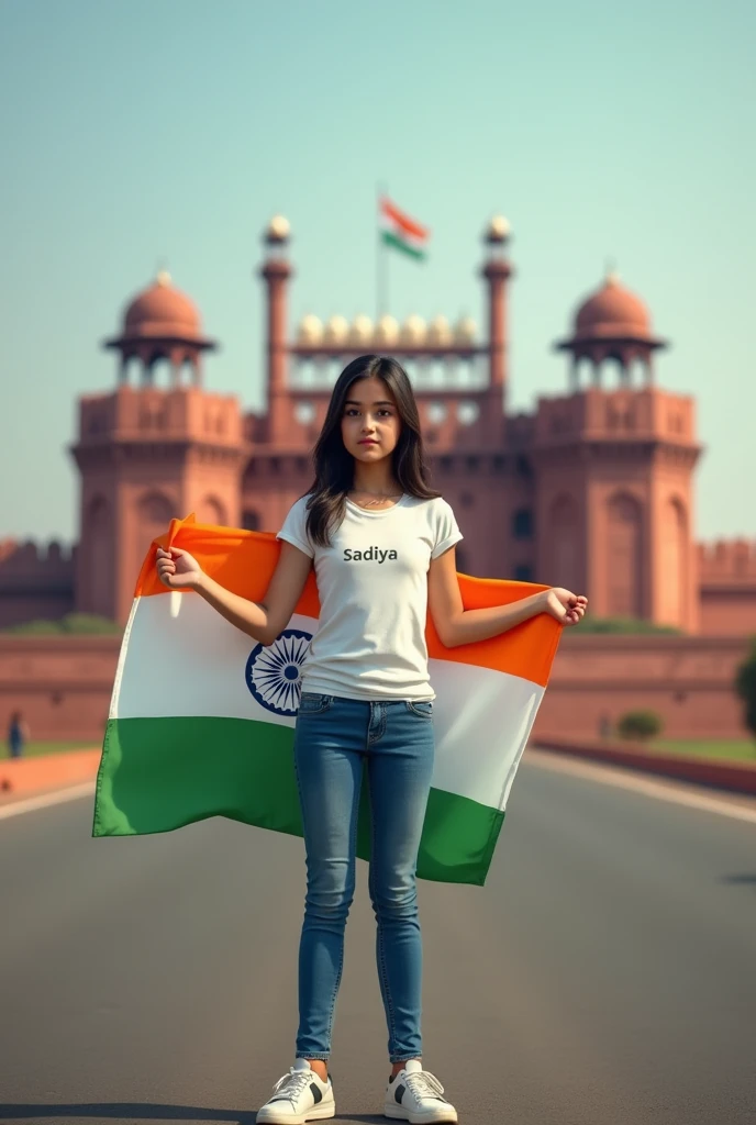 Generate a Realistic  girl , Wearing White T shirt blue jeans sneakers and the name    "sadiya" is written on his t-shirt and the boy is standing on the road with holding a national flag of India, and behind him is the Red Fort Delhi. And written on sky "Independence Day" Create Realistic image high quality