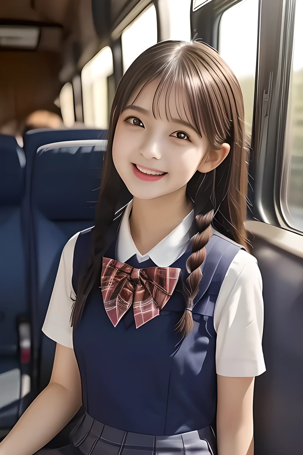 (highest quality, masterpiece, high resolution:1.2), 4K, (Photo quality detailed cute face: 1.4), (Giorgione painting style: 0.8), geometry, (14 yo cute girly Japanese girls are seated and looking ME up on train seats both left and right side: 1.4), (The train is full of bodies of succubus with sailor-school-uniform: 1.4), Laughing cutely, (neat girly white short-sleeves school blouse: 1.0), (puffed short sleeves: 1.0), (Dark red glossy school ribbon on the breast: 1.0), (Gray Japanese school girly vest Uniform: 1.2), (Box-pleated gray short school skirt: 1.2), (Extremely laughing cheeks: 1.0), (Beautiful light-amber cute-dolly large clear eyes with detailed cutely: 1.6), (Long bottom eyelashes: 1.2), (Expressing the greatest joy with her whole body: 1.2), (Glossy lips: 1.0), (Super-straight super-long hair: 1.5), (white and clear skin: 1.0), (Promoting Shampoo: 1.2), (Strong yearning: 1.2)