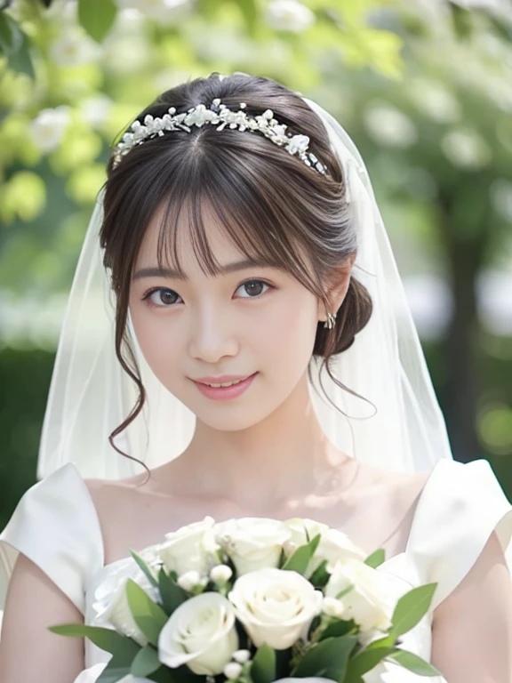 Photo-realistic quality、a woman in a Wedding dress holding a bouquet of flowers、Standing in front of the church、20 year old Japanese model、白のWedding dress,Hanae Mori style wedding dress、Japan idols at 20 years old、lace prom dresses、looking at the camera、Detailed and beautiful eyes、Cute smile、Relaxed and gentle expression、a close up of a woman in a Wedding dress holding a bouquet, Wedding dress, So magical and dreamy、Blur the background a lot、300mm F2.Shot with 8 lenses