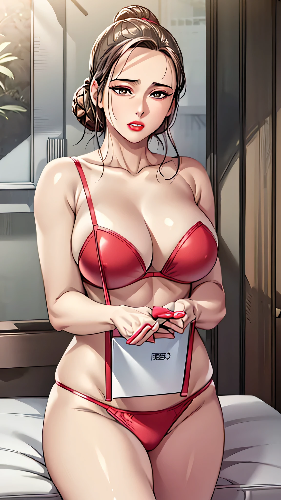 highres, absurdres, ultra detailed, 1girl, big mature woman, milf, bimbo, fair skin, brown eyes, red lips, very large breasts, oppai, red bra , red panty, red heels, mrs_ahn, 1girl, red lips, lipstick, single hair bun,beautiful, masterpiece, highly detailed, 4k