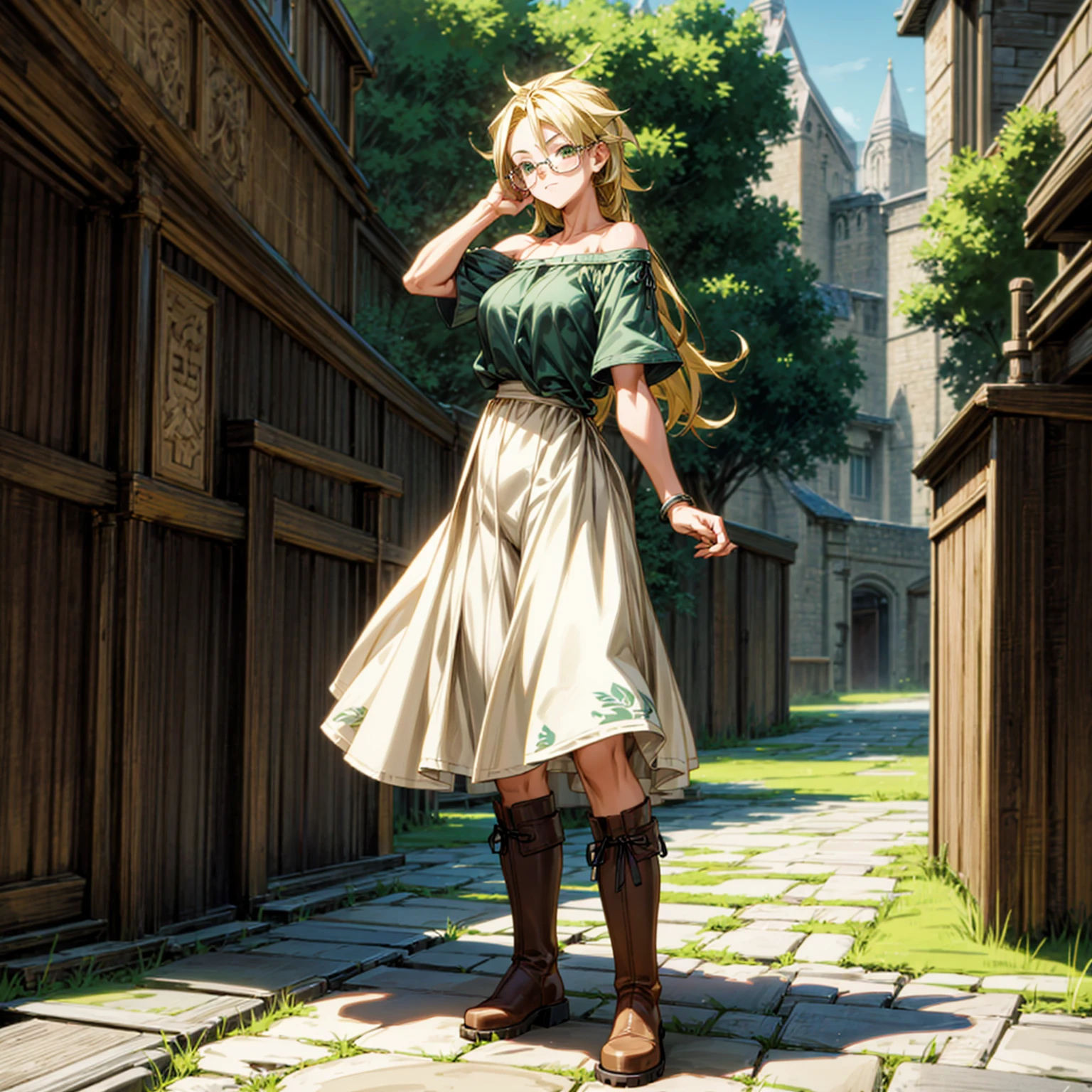 Solo character, full body version, young girl, muscle, green eyes, blonde color hair, long hair, casual clothing, bare shoulder clothing, boots, outdoor, town, medieval, morning, standing gesture, detailed background, detailed clothing, detailed hair, happy eyes, (food wars style art), (dragon ball style art), glasses, big breast 