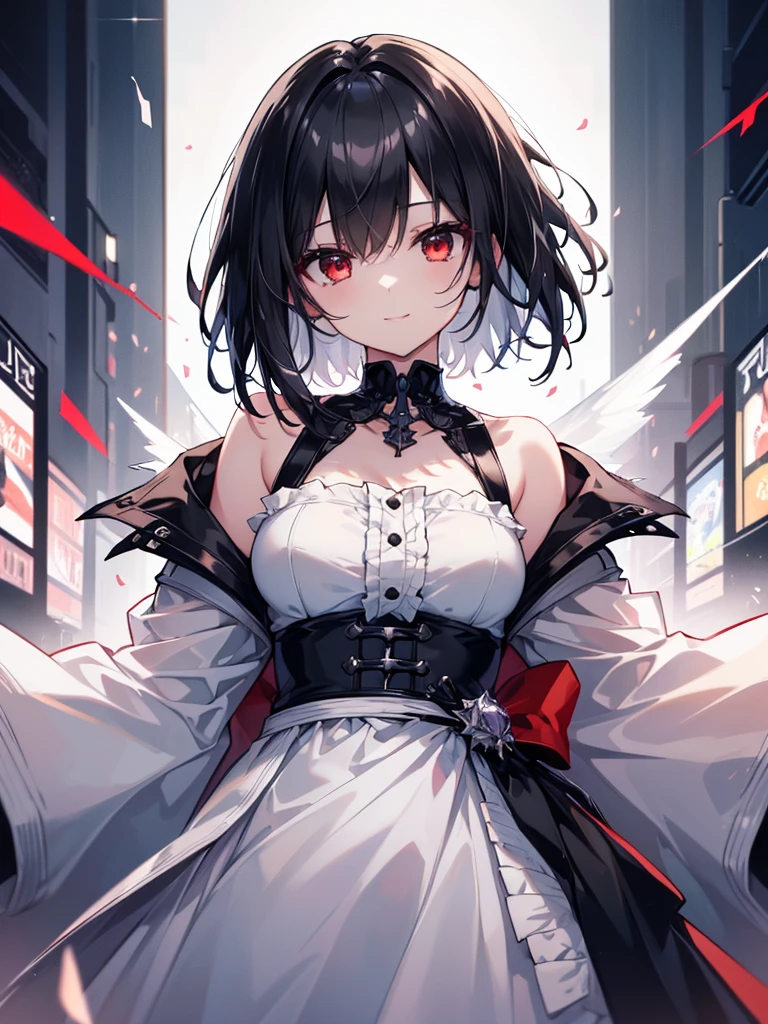 (masterpiece, highest quality, highest quality, (No text), Beautiful and aesthetic:1.2),No text,アニメ、BREAK,One Girl,Black Hair Girl short hair older sister choker Beautiful eyes Red eyes cool smile Black and Red whole body In town