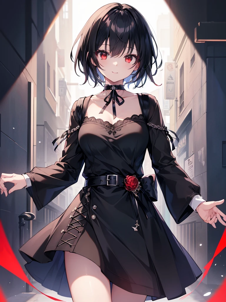 masterpiece, best quality, noir style adult woman, best quality, pale skin, bright red eyes, short black hair arranged, short air, arranged, straight hair, black suit, white shirt tucked in, dark red tie, friendly look, side look, eyes looking ahead. mischievous smile, malice