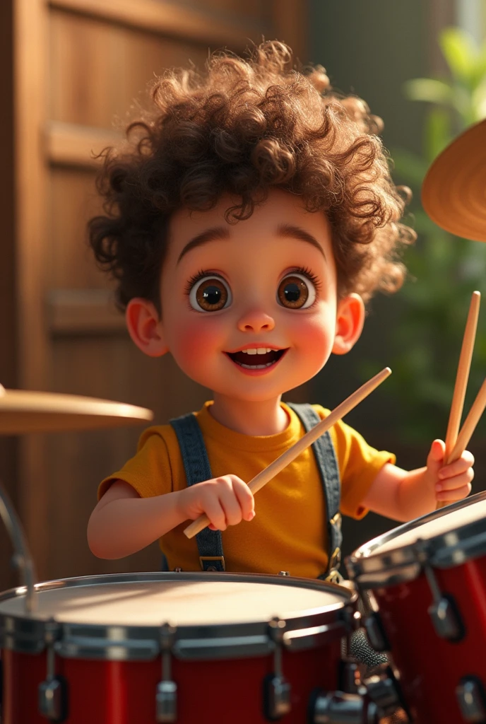 boy playing drums. skin fair, caramel curly hair, eyes browns, Round face.