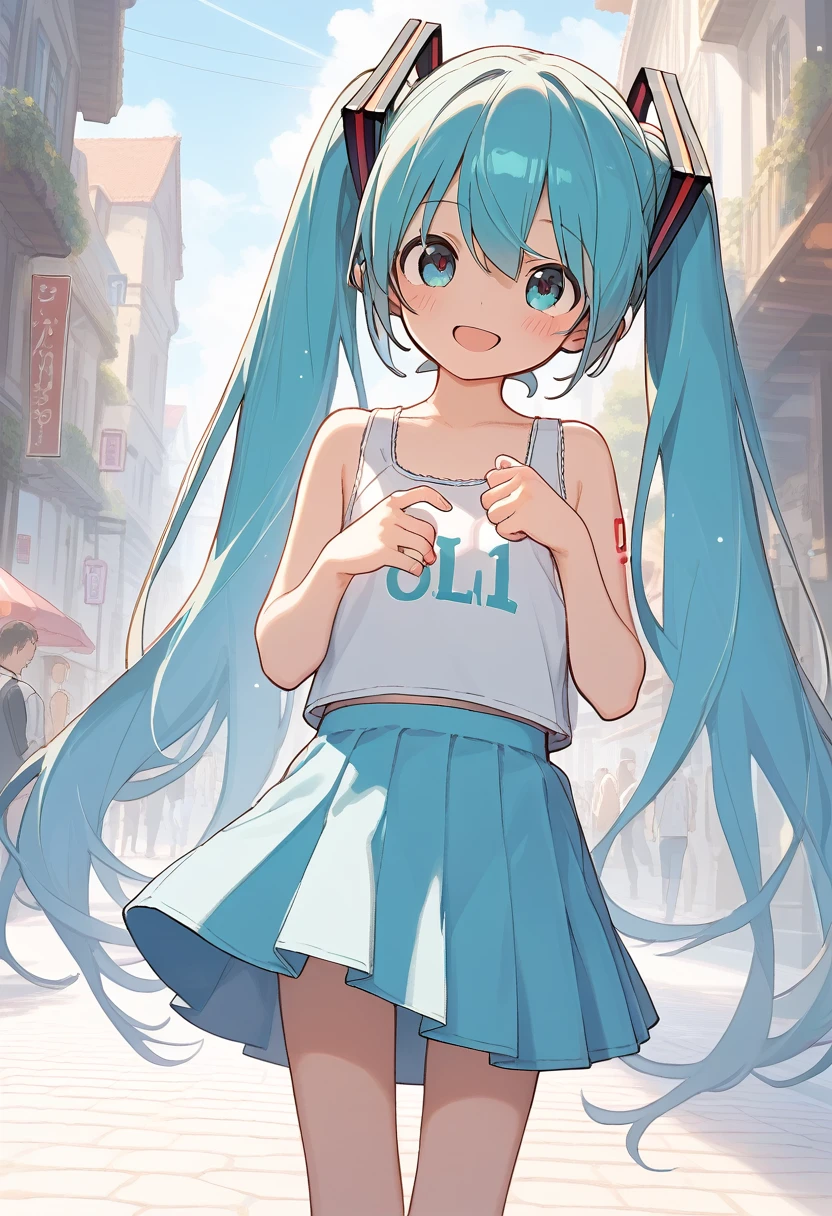 (uncensored), score_9, score_8_up, score_7_up,source_anime, high quality, exceptional, best quality, perfect hand, (child:1.4), {{{{{flat colore}}}}},street background, best quality, detailed face and eyes, 1 , js, age down, casual fashion, blouse, ((lift skirt)), cute pose, smile, blue hair, aqua hair. elaborately designed clothes.
(white outline:1.2). focus face.
 (****:1.5), (realistic:1.2). smile. Anyway it's cute.
A masterpiece, a work of anime art. (anime style:1.3) A cute girl you've never seen before. simple. (8K:1.2). background., (no panties), (line pussy), (hatsune miku), (blushed:1.2),(official art:1.5).