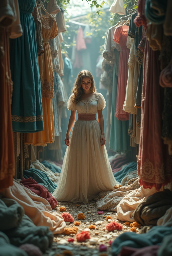 Cinderella clatter clauses she is surrounded by clothes and is looking frustrated