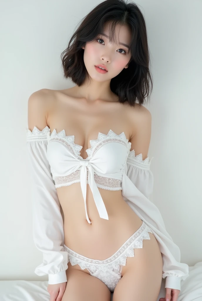 Stylish full body image、渋valleyの交差点の真ん中、Beautiful and attractive woman following fashion trends、A gentle and charming Chinese beauty、Japanese、Delicate and sexy collarbone、Attractive oval face、double eyelid、Smart[peach]Flower Eyes、Pink Lips、Small Nose、Exposing shoulders、Focus on the face、[[Face close-up]、Ultra-high resolution、Very detailed、White off-the-shoulder lace shirt、(White lace panties)、Fresh and impressive、nature (big: 1.25)、(Spread your legs)、(Low Angle)、(Upright 1.5)、(Skin Luster 1.4)、(Low Angle))、Perfect figure、Areola、valley、Armpit wrinkles、(Bedwetting))、(Browsing Caution: 1.05)、(Showpiece、Highest quality、High precision))、1 girl、(bigきく、Realistic: 1.4)、(Slightly above the camera、カメラをlook up、look up、カメラをlook upる、Looking into the camera)))、alone、White Background、Shut your mouth.、Smile、Beautiful black hair、short hair、bigきな目、はっきりとしたdouble eyelid、eyelash、Ear clearing、Long neck、Long neck、Absolute area、((Face close-up、bangsありshort hair))、19 years old、Attractive proportions、Glowing Skin、Beautiful clavicle、Golden ratio face、Perfect Face、bangs、綺麗なbangs、綺麗なbangs、Lip gloss、Thin lips、White skin、Take off、big breasts、Small face、カメラを少しlook up、bigきな胸、Navel exposed、Ultra mini skirt