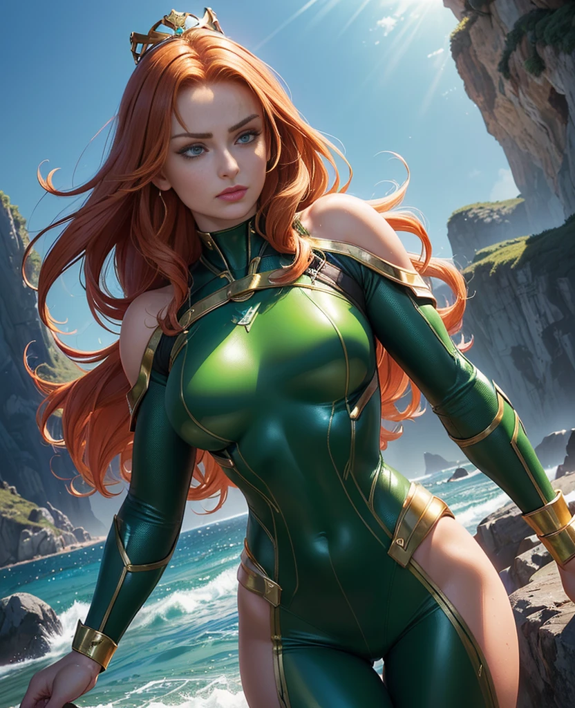(((, strong, attractive, sexy, powerful, tan skin SOPHIE TURNER,)))( red hair wavy, bangs, long hair, (green eyes, statuesque oblong-shaped face, vivacious eyes, tone, long,) character shot (masterpiece), (ultra-detailed), (perfect detaill, fine and beautiful), beautiful face, beautiful eyes, (detailed face, detailed eyes), detailed lip, shiny skin, oil skin, shiny hair, sense of depth, depth of field, dynamic angle, scenery, dramatic lighting, volumetric lighting, golden hour, dangerous::2,(science ,fantasy),((magic, futuristic fantasy))  gold crown on her head, skin tight green bodysuit with gold trim, queen of atlantis, by the ocean