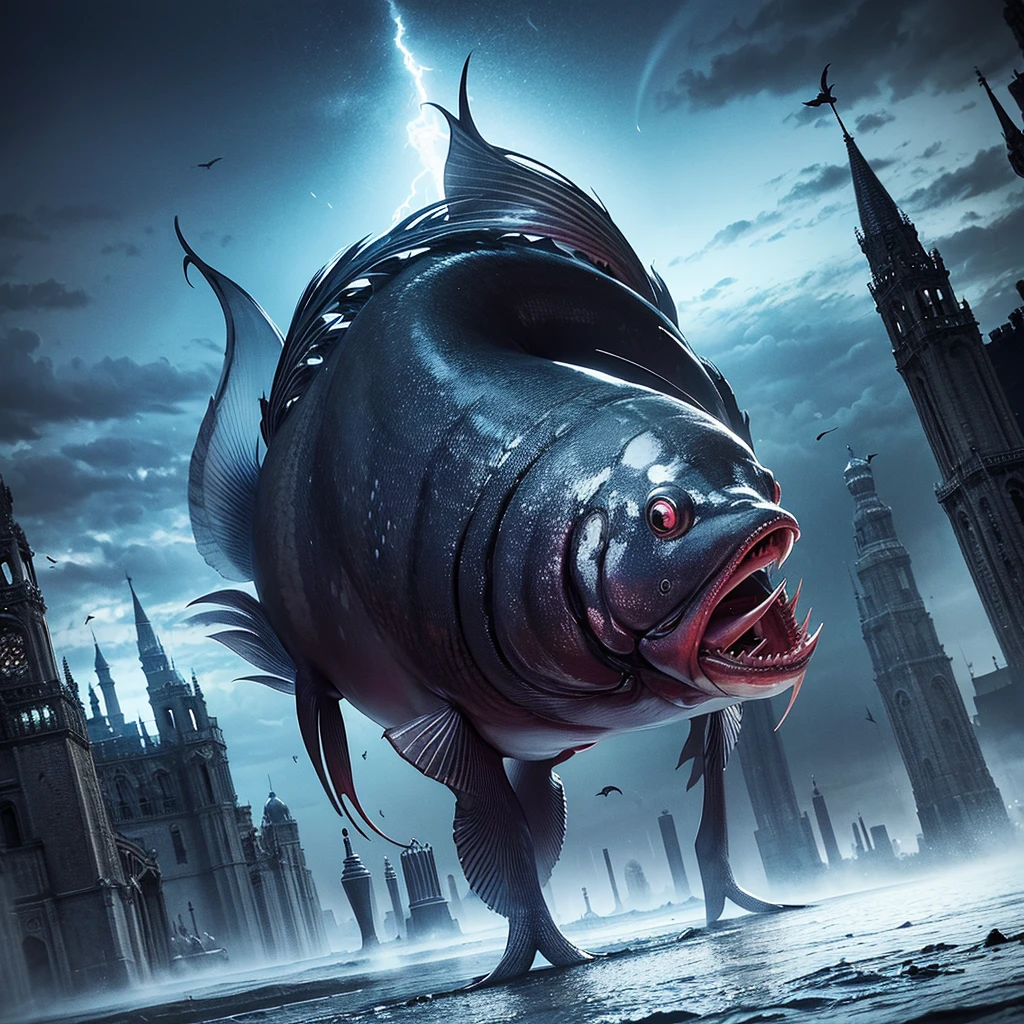 Art for a music album, A World of Illusions, carp fish, Gothic style, darkness, storm.