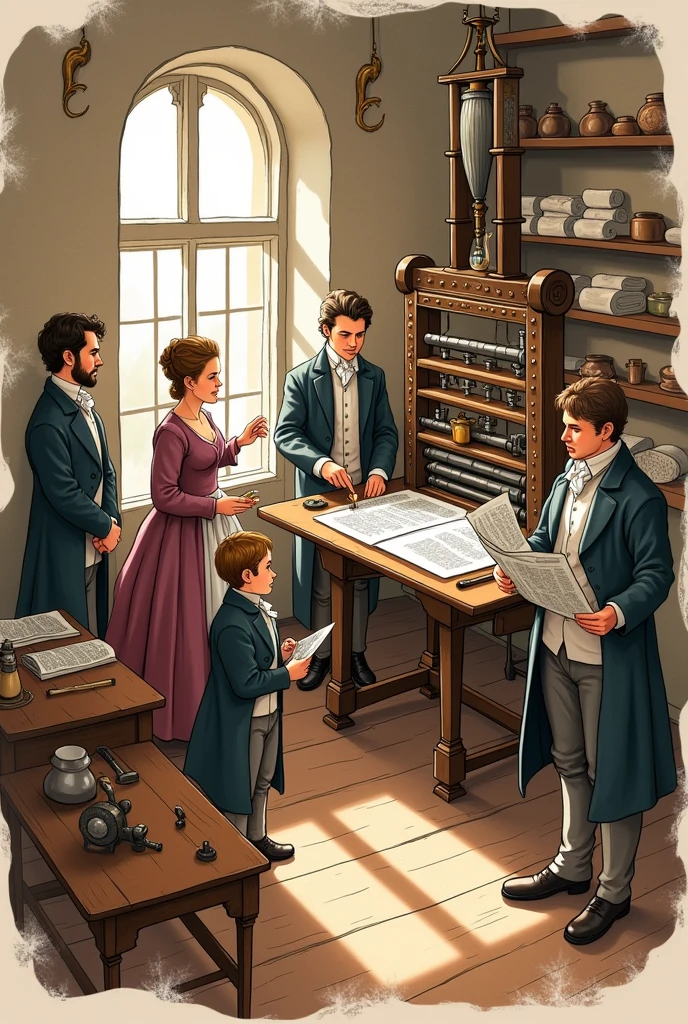 An easy to draw doodle with people form the 18th century using printing press and newspapers