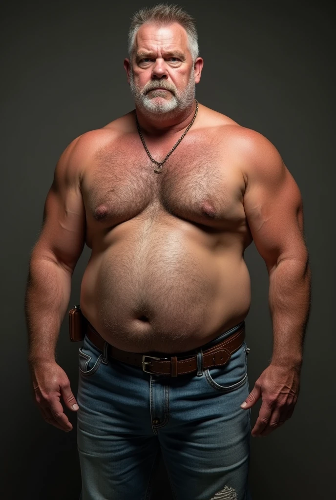 looking 60 years old, white man sheriff , disgusting boner, muscular chubby, chap, mature daddy, Tight jeans with big open cock, hairy chest and fat belly, hard nipple, waist belt