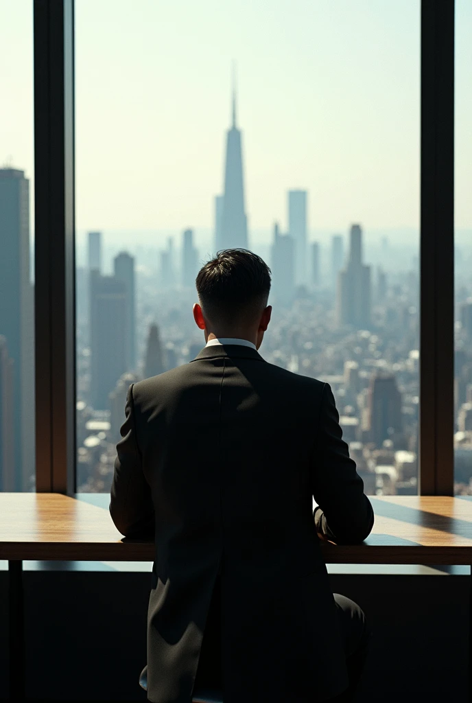 Coat pant cloth on human and sitting on table and background in windows, outer side window show full of buildings