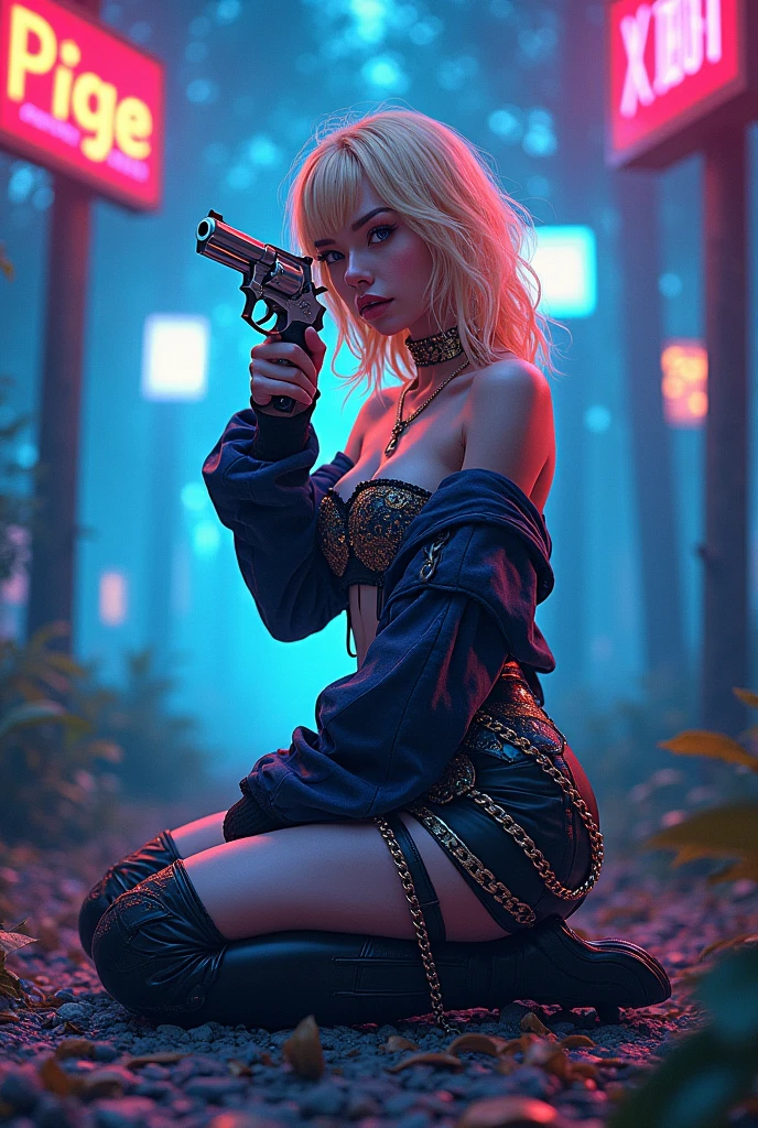 atmosphere oleosa hearts Blonde teen GTA sexy line hair no meio floresta eletrônica surrounded by neon signs de joelhos com um revólver magnum prata apontando para seu rosto vestido blue black gold com big correntes brilhantes com arcos with a slight wind lifting herrealistic, ultra high htperdelalyt great attention to the body and face UHD 8K Watercolor, trending on artstation sharp focus, studio photo, intricate details, highly detailed n anime 2d death note