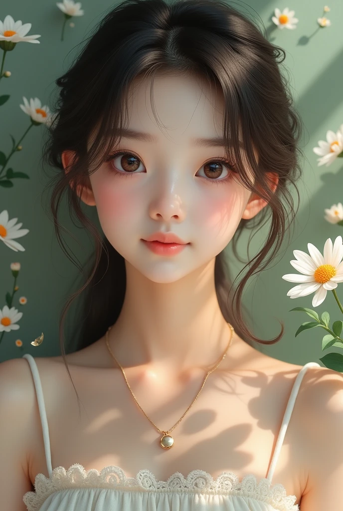 beautiful girl, Hair above shoulder, Clear eyes, Fine hair, Facial features are exquisite and perfect, The most beautiful big eyes, Long eyelashes, Sweet eyes with false silkworm, Frown, Dynamic angle, Final image quality, Highest accuracy, Delicate and perfect human body, necklace, Arrest, close up, in the fresh air, The background is flowers and plants, Long stroke,