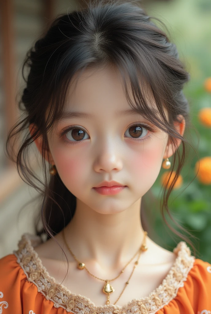 beautiful girl, Hair above shoulder, Clear eyes, Fine hair, Facial features are exquisite and perfect, The most beautiful big eyes, Long eyelashes, Sweet eyes with false silkworm, Frown, Dynamic angle, Final image quality, Highest accuracy, Delicate and perfect human body, necklace, Arrest, close up, in the fresh air, The background is flowers and plants, Long stroke,