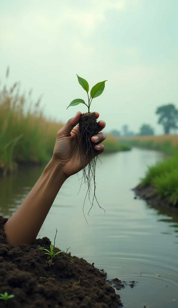 "A realistic scene where a hand emerges from the left side of the image, holding a small plant with roots embedded in the soil. The hand and plant are depicted with lifelike detail. The background features a tranquil river surrounded by natural elements like tall grasses and distant trees under a calm, slightly overcast sky, creating a serene and peaceful atmosphere."