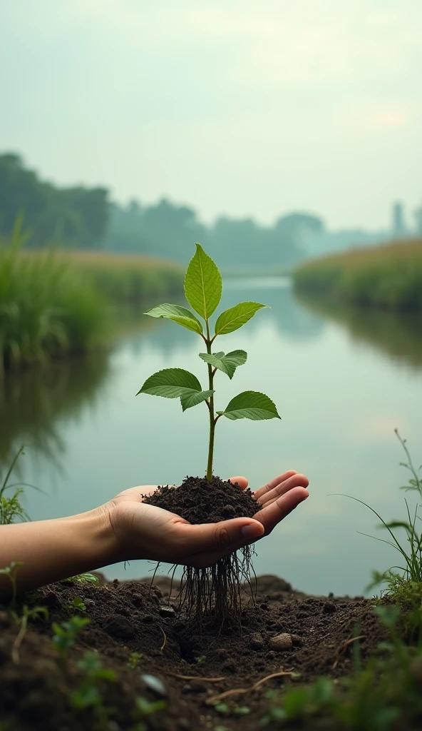 "A realistic scene where a hand emerges from the left side of the image, holding a small plant with roots embedded in the soil. The hand and plant are depicted with lifelike detail. The background features a tranquil river surrounded by natural elements like tall grasses and distant trees under a calm, slightly overcast sky, creating a serene and peaceful atmosphere."