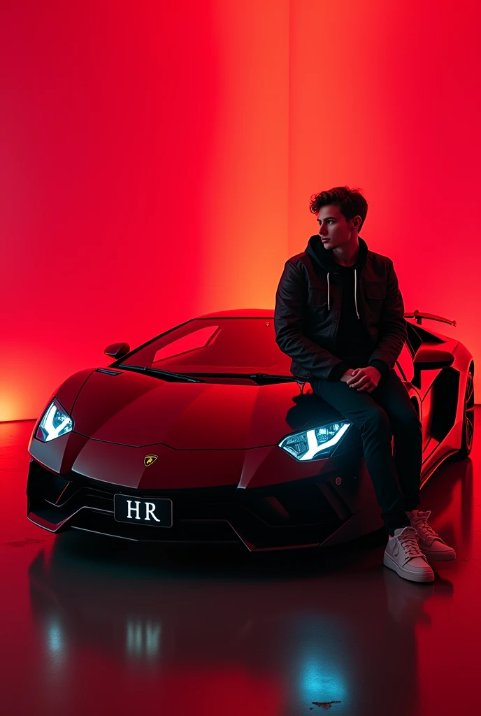 Create realistic image of teenage boy on sitting a Lamborghini with number plate "HR"colour of car should be grave with red lighting for background create Tik Tok profile in 3D iPhone theme of wallpaper should be neon light and realistic.