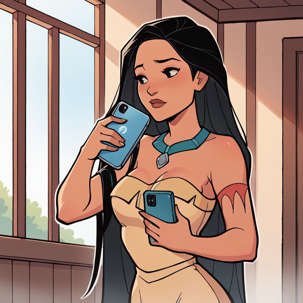 score_9_presence, score_8_up, Pocahontas, wrapped in towel, medium breasts, holding phone