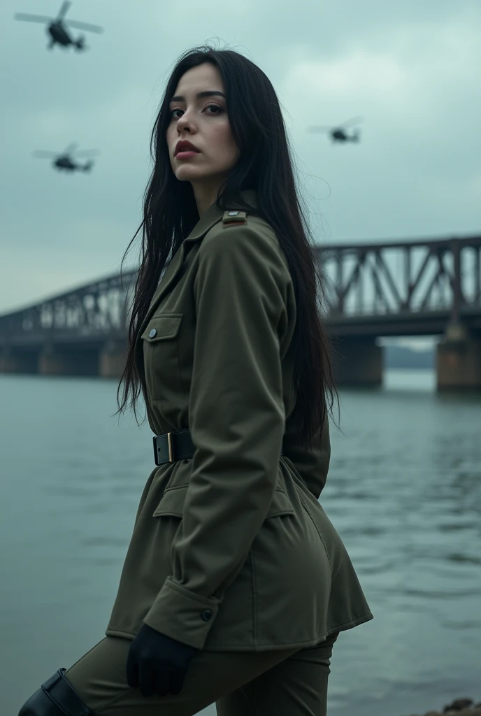 A 30-year-old woman with long black hair wearing military uniform.,Boots， trousers，high-heel boots，full-body shot，side，War Background，seaside，Iron bridge, Helicopters，Dark clouds sky，Science Fiction, dark的心情, full-body shot片，War atmosphere，Excellent detail，full-body shot片，Film Style，Soviet era，dark，Depression
