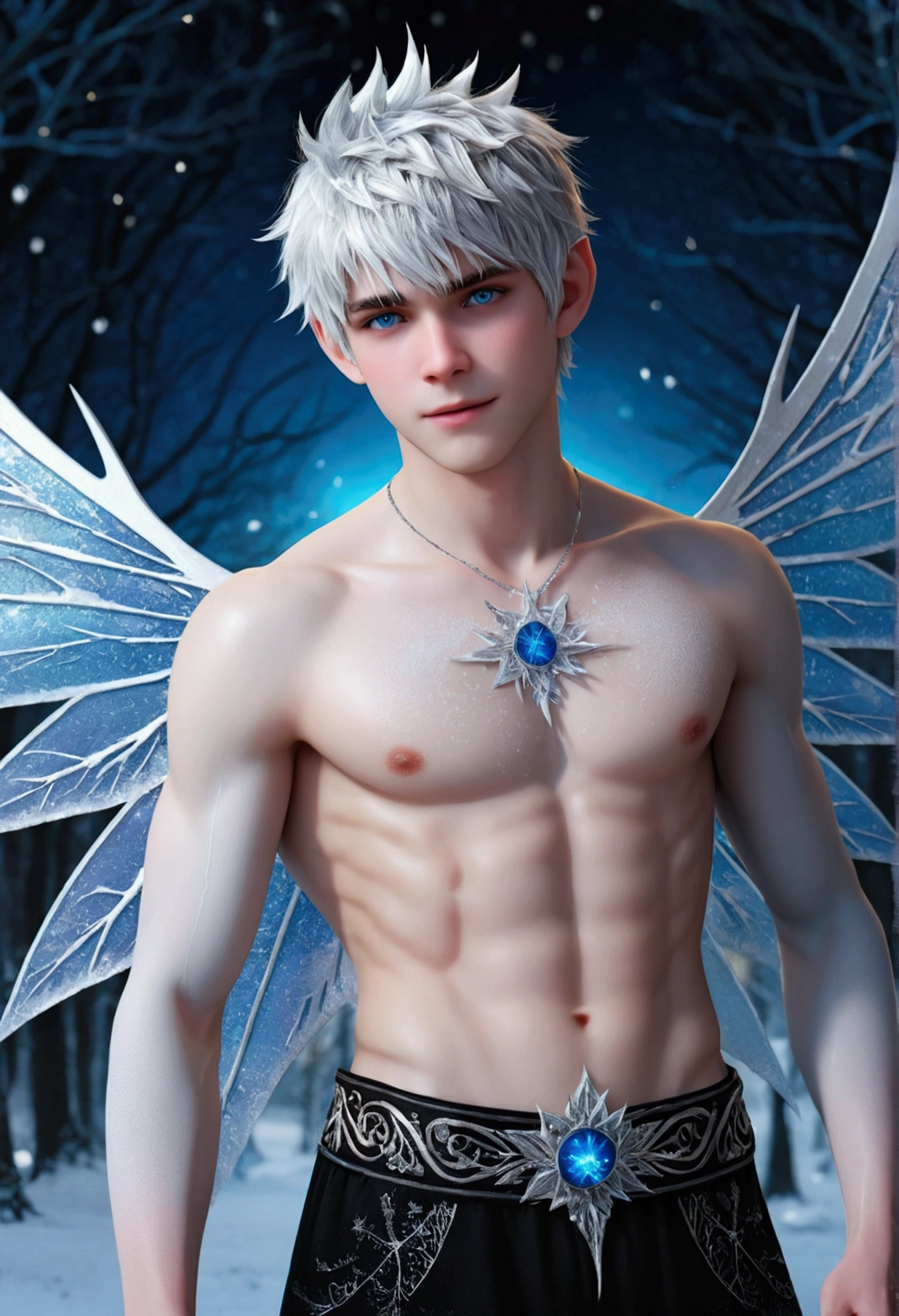 (Jack Frost: 1.6), full full body shots  photorealistiic young man, fairy prince , 18 years old, milk white skin, blue eyes, white hair, shirtless, 6-pax abs, (full body shot), young boy, 18 years old, beutiful, perfect, milk white skin, handsome and ver hunky body, very detailed blue eyes, very pale skin, barefoot in a snow forest, winter , white sparkling wing, . (masterpiece:1.4, best quality), (intricate detail), Unity 8k wallpaper, Ultra Detailed, (abstract art:1.2), (Anato Finnstark style:1.3), boy from another dimension, a symphony of iridescent colors merging and shifting seamlessly, dynamic pose with rotating patterns of energy around you, a mix of determination and serenity in his expression, a general feeling of transcendence and exploration, consumed by inner darkness, empty waiting you, (Beautiful cosmic eyes), perfect lighting, perfect shading,, flying above the city smiling.