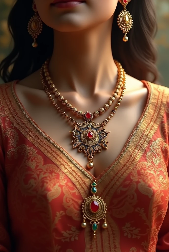 A necklace with red, white and green jadau kundan ,oxidised