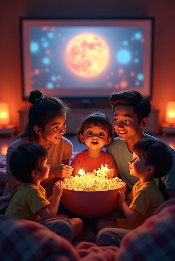 A family watching a movie while eating popcorn in a room