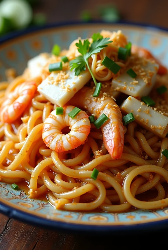 Pancit canton with seafood toppings