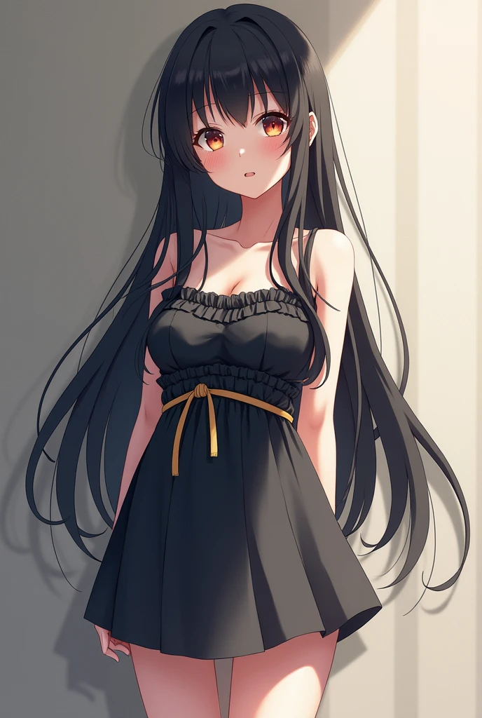 Real Japanese girl wearing a short dress and her hair is black and long