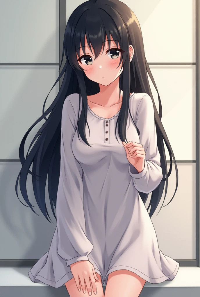 Cute anime girl in grey sweater with no pants or panties with vagina showing no underwear